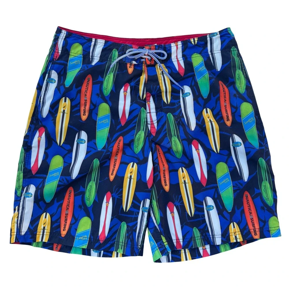 Vintage Nautica Swimsuit Shorts Men's 38 Blue Good Surfboard Print Board Trunks